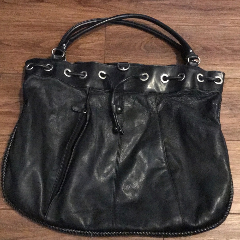 BCBG Black leather bucket bag